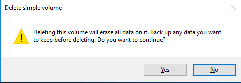 Windows 10 Delete Volume Warning